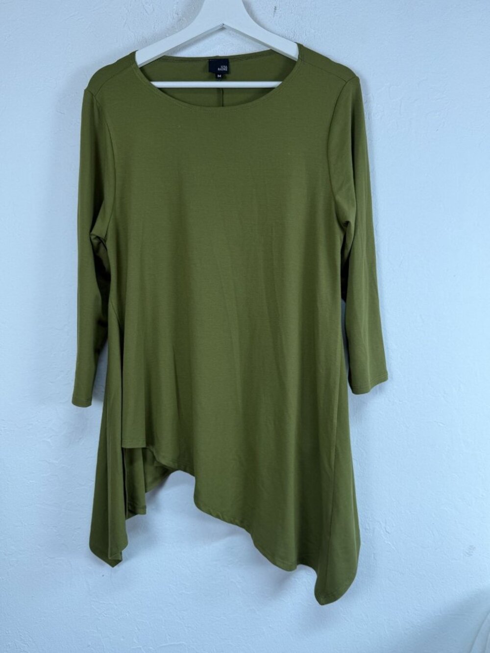 Lisa Bayne Asymmetric Hem Tunic Top Olive Green 3/4 Sleeve Lagenlook Medium